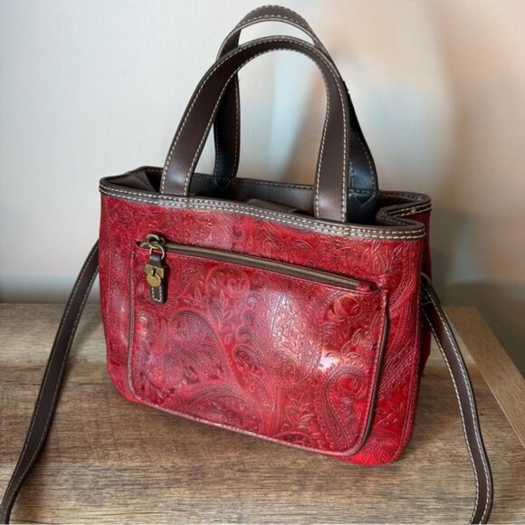 RELIC Red Paisley Embossed Handbag Satchel Brown Accents Crossbody Strap Tooled - Picture 8 of 14